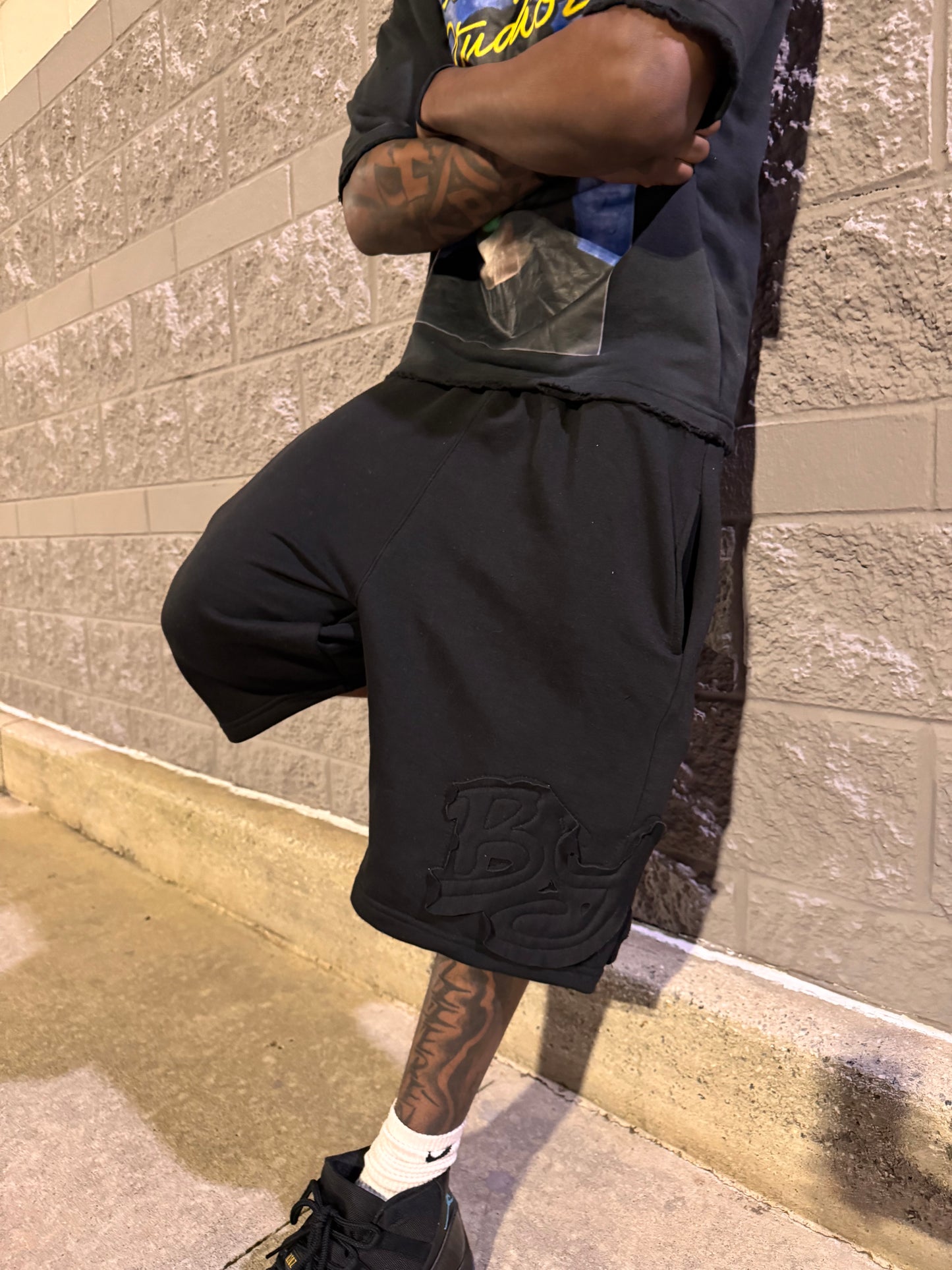 Black Distressed BYS Shorts