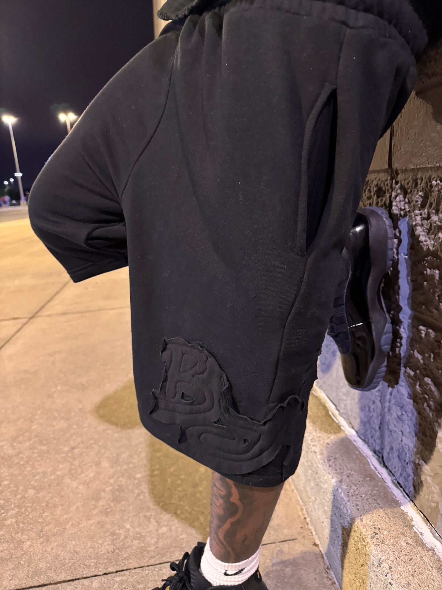 Black Distressed BYS Shorts