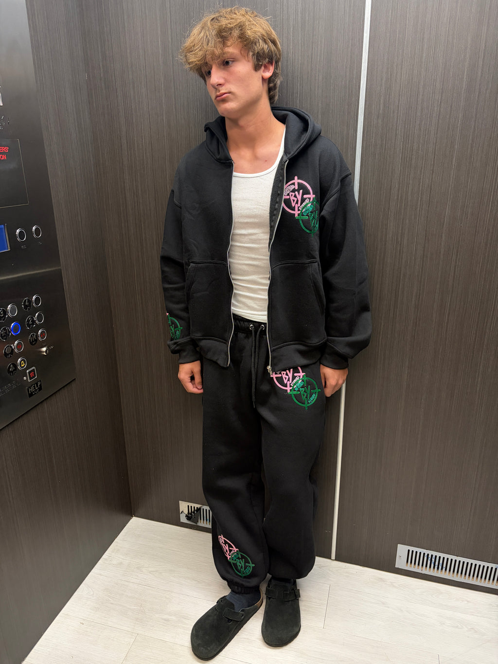 Black Pink And Green Leather Stitched BY Sweatsuit