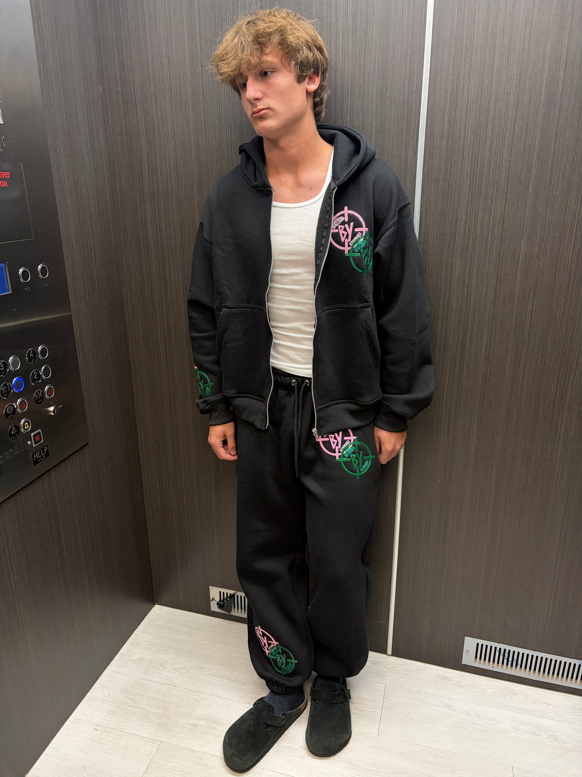 Black Pink And Green Leather Stitched BY Sweatsuit