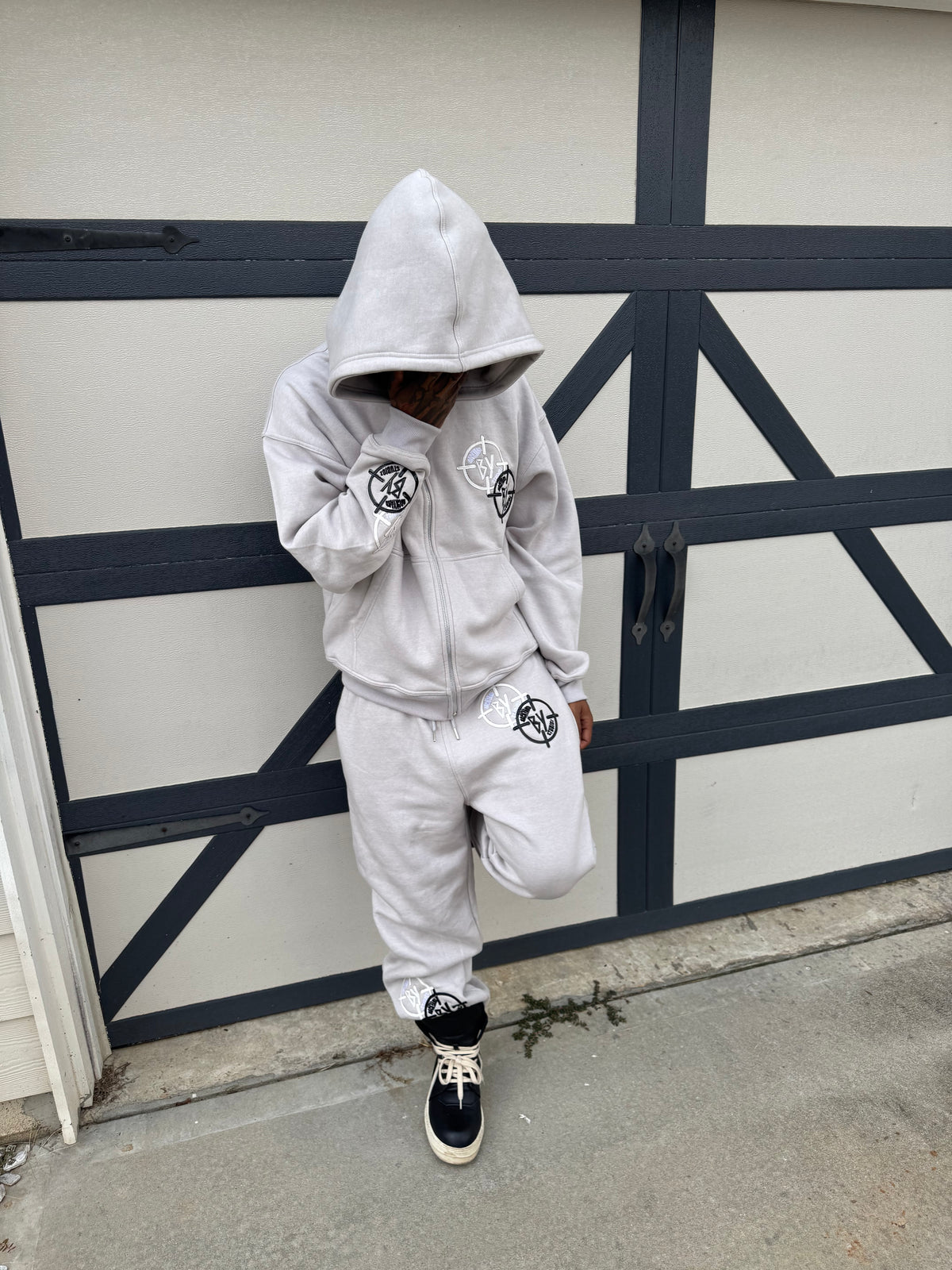 Grey Black And White Leather Stitched BY Sweatsuit
