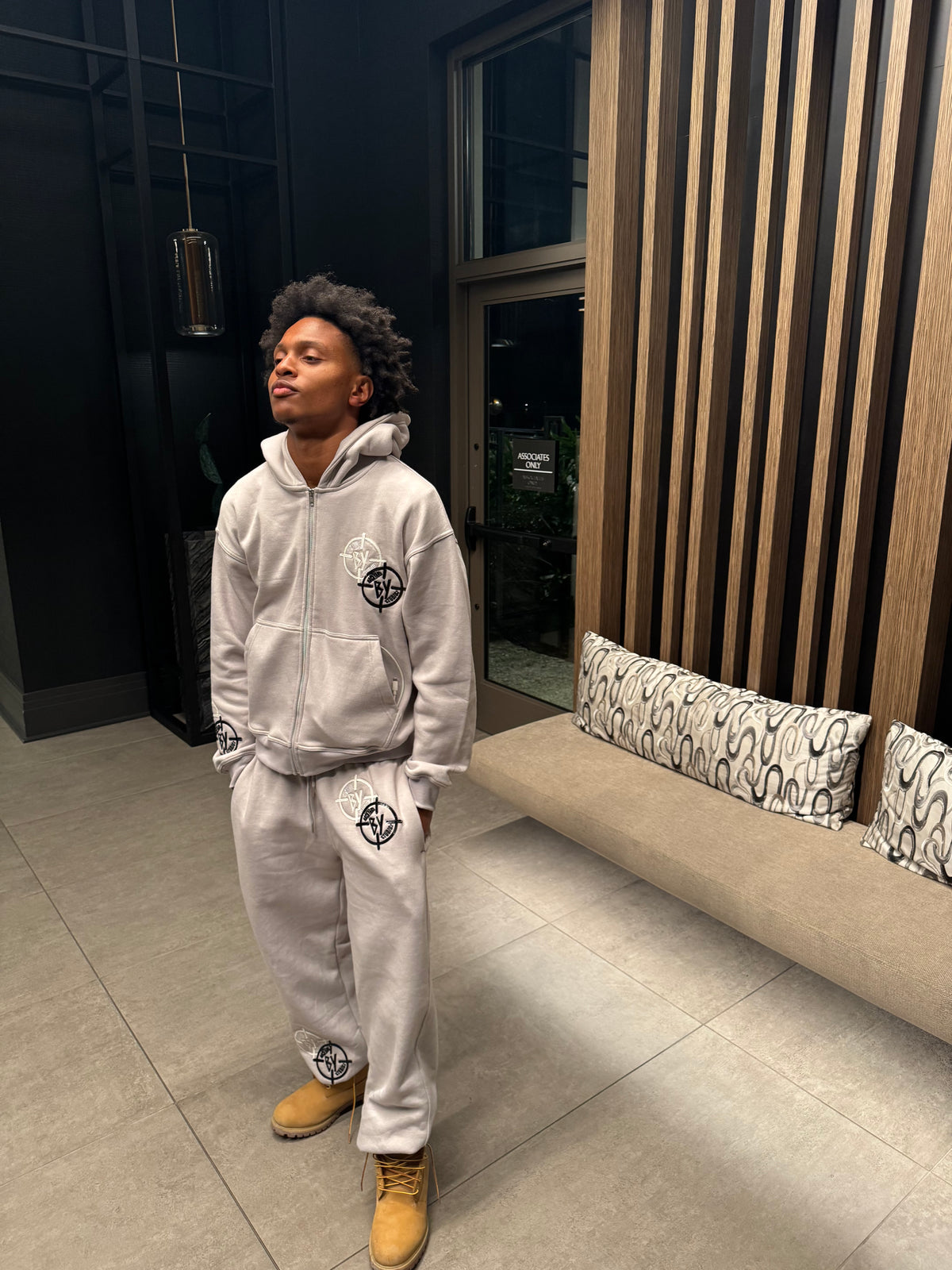 Grey Black And White Leather Stitched BY Sweatsuit