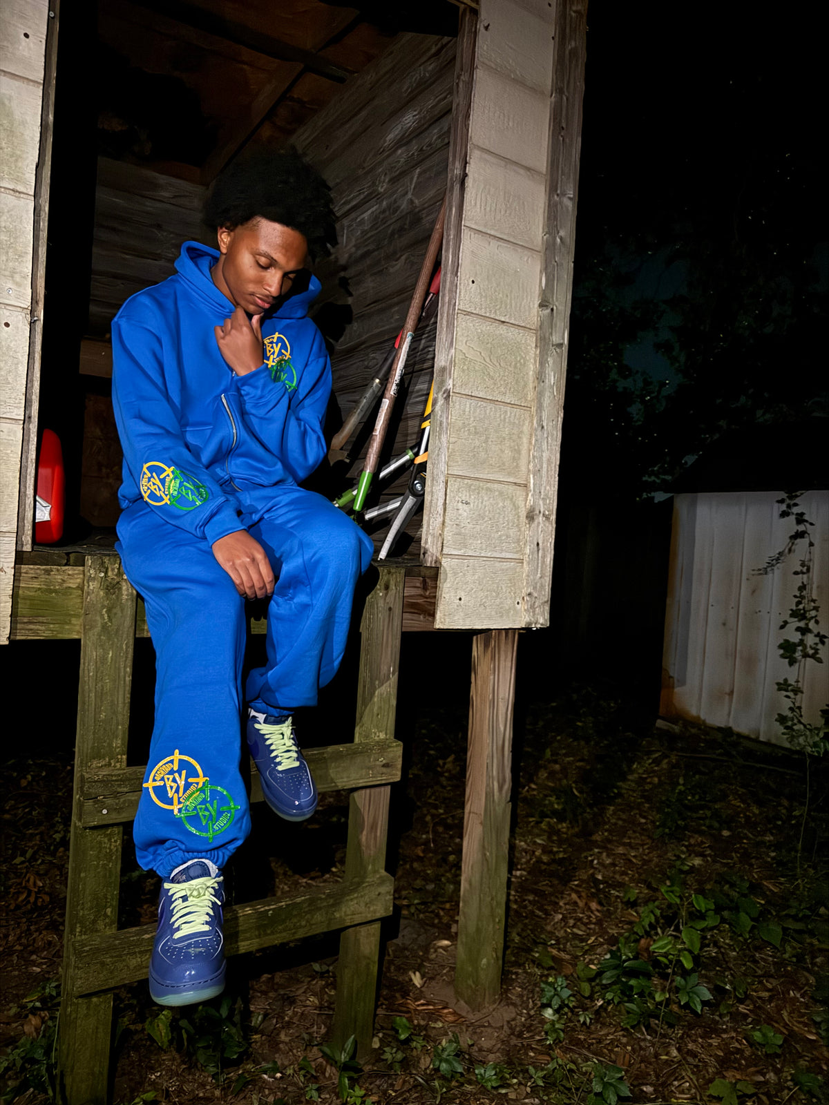 Blue Green And Yellow Leather Stitched BY Sweatsuit