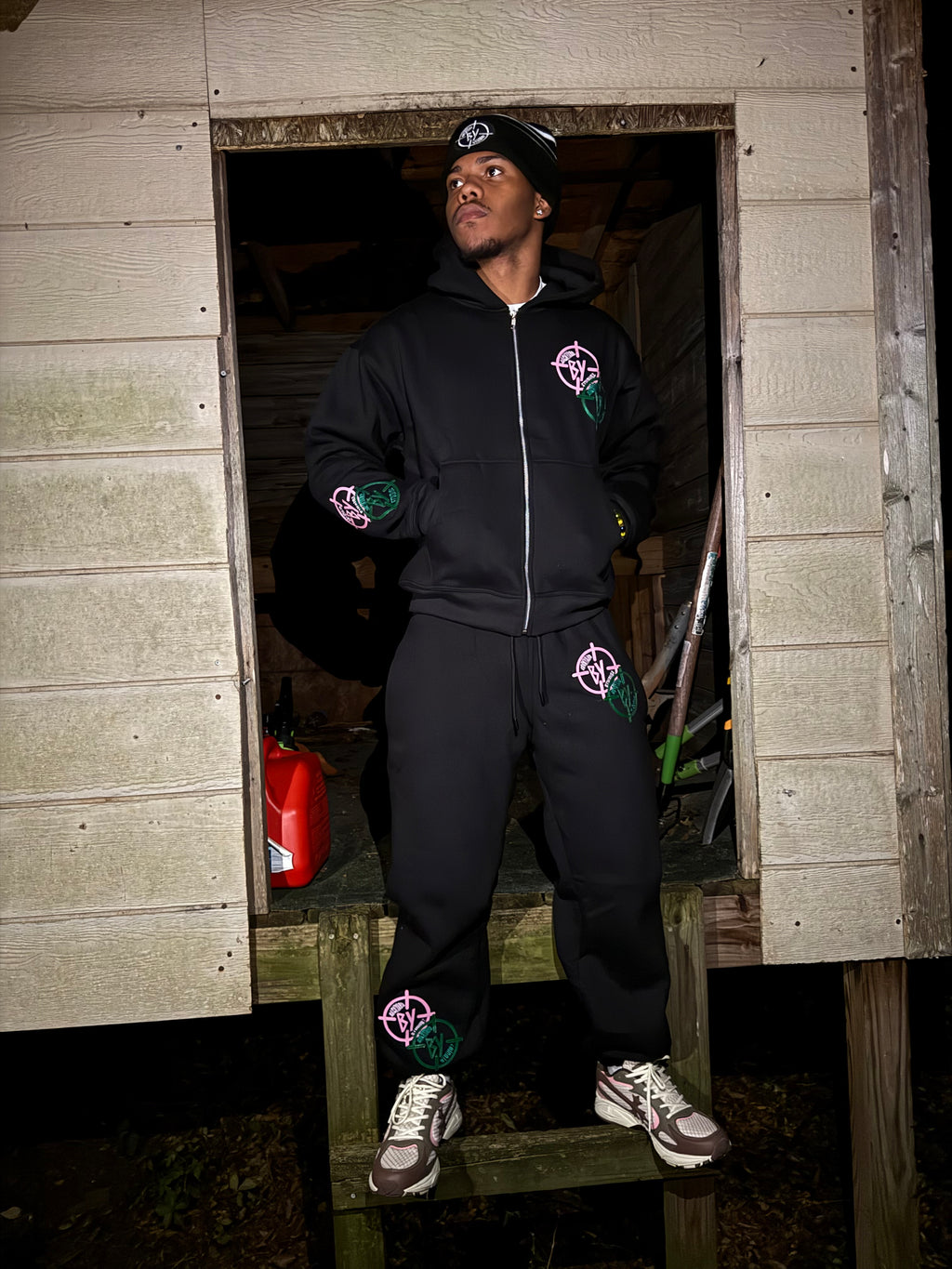 Black Pink And Green Leather Stitched BY Sweatsuit