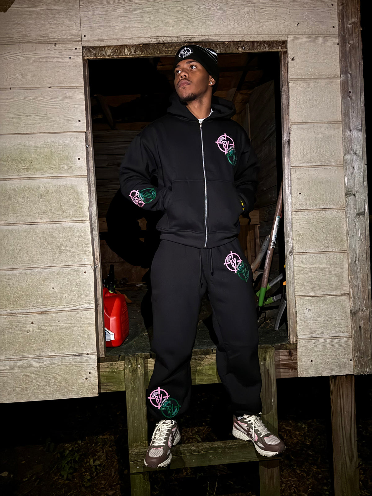 Black Pink And Green Leather Stitched BY Sweatsuit
