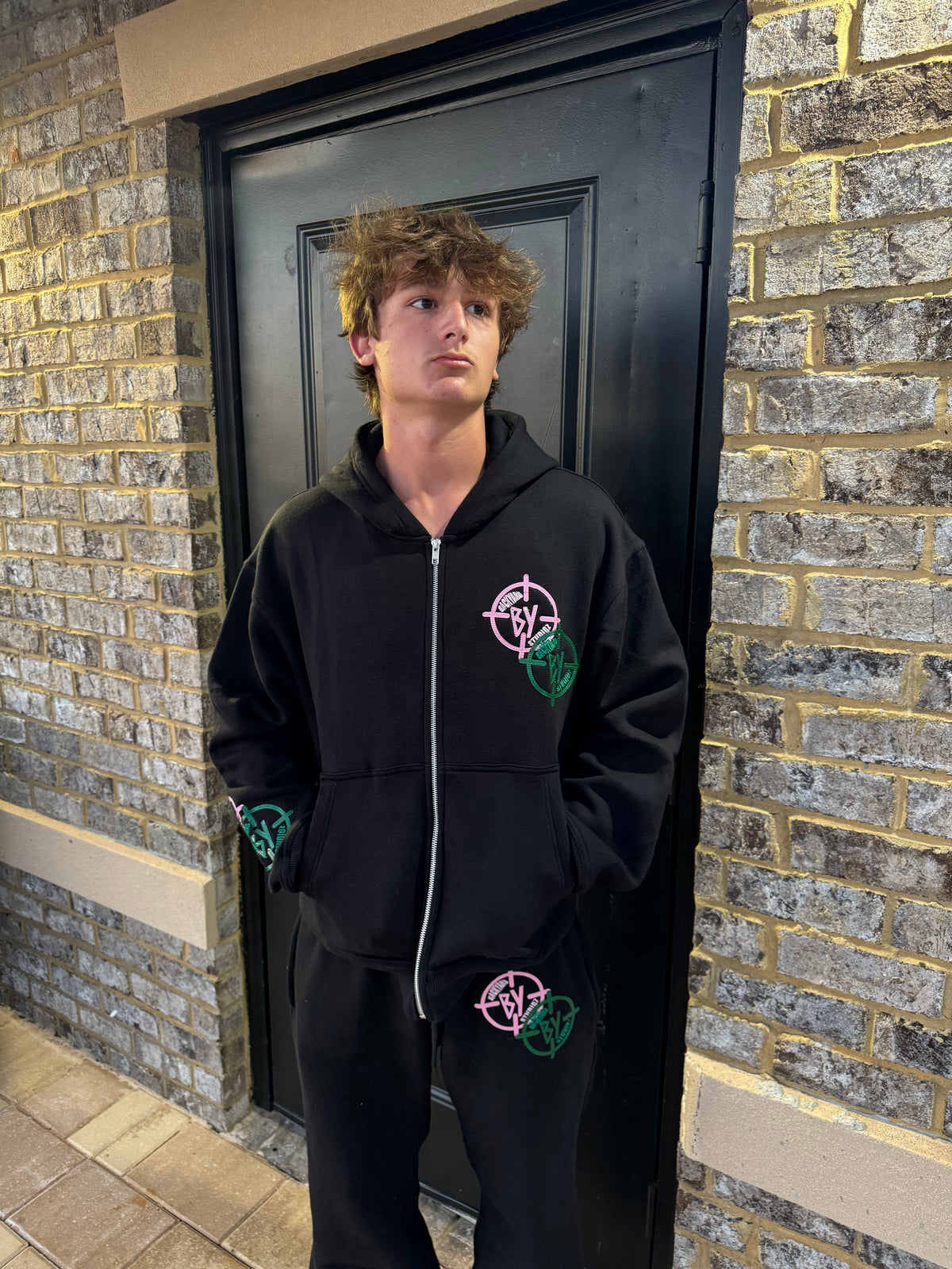 Black Pink And Green Leather Stitched BY Sweatsuit