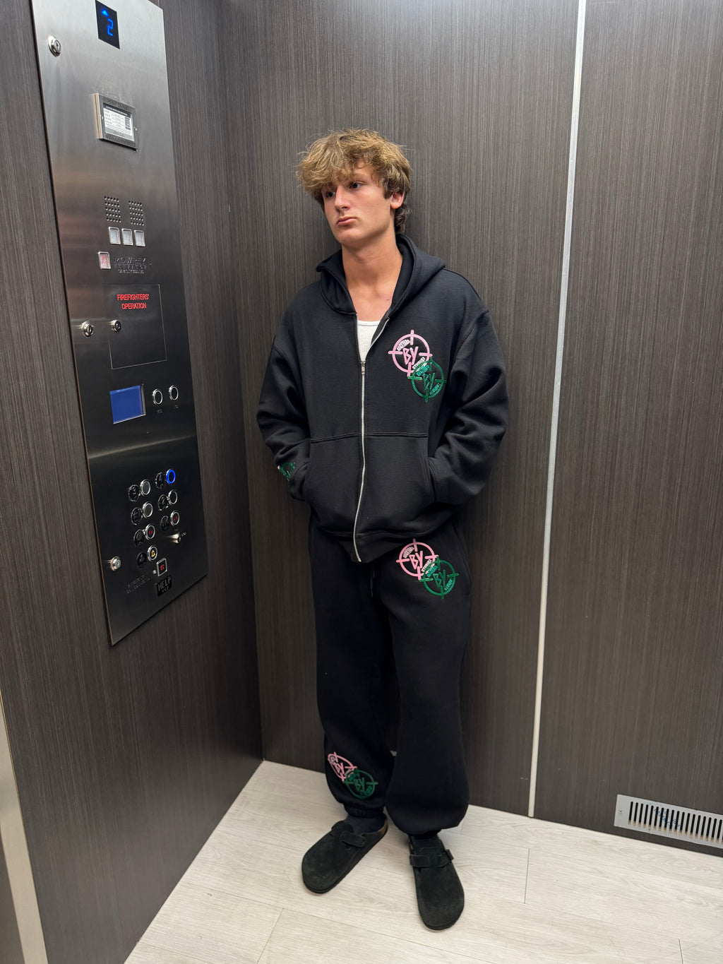 Black Pink And Green Leather Stitched BY Sweatsuit